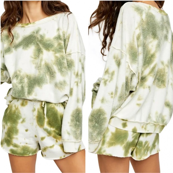 Free People Tops - FREE PEOPLE NWT KELLY TIE DYE SWEATSHIRT SHORT SET EXTRA SMALL ARMY COMBO
